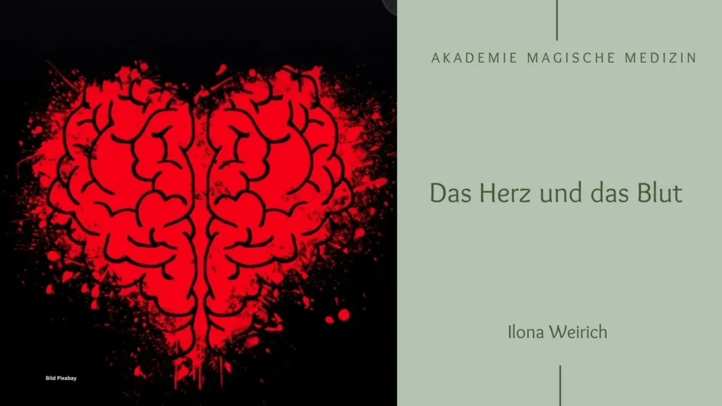 Rotes Herz auf schwarzem Grund mit Gehirnstruktur. 
Das Herz und das Blut